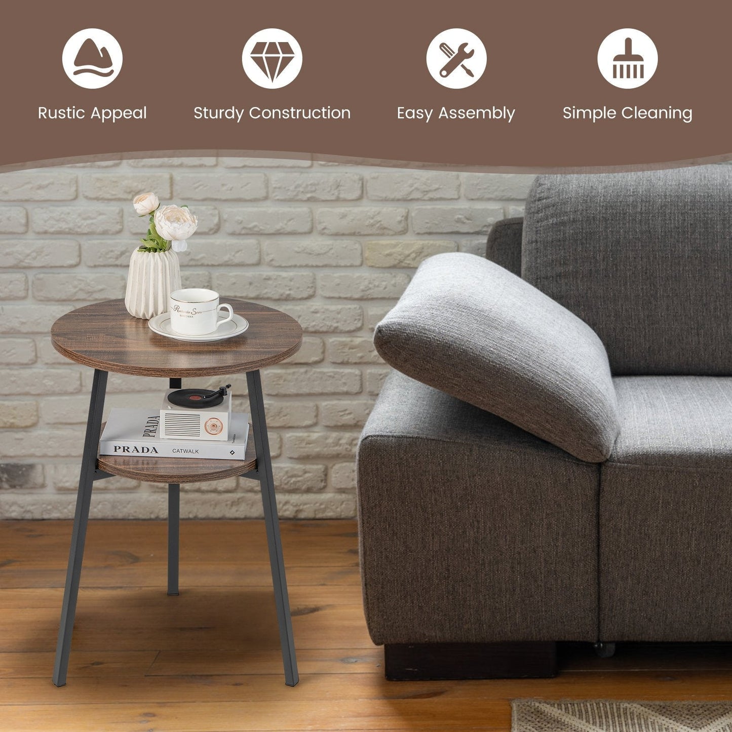 2-Tier Wooden Round Side Table with Storage Shelf-Brown