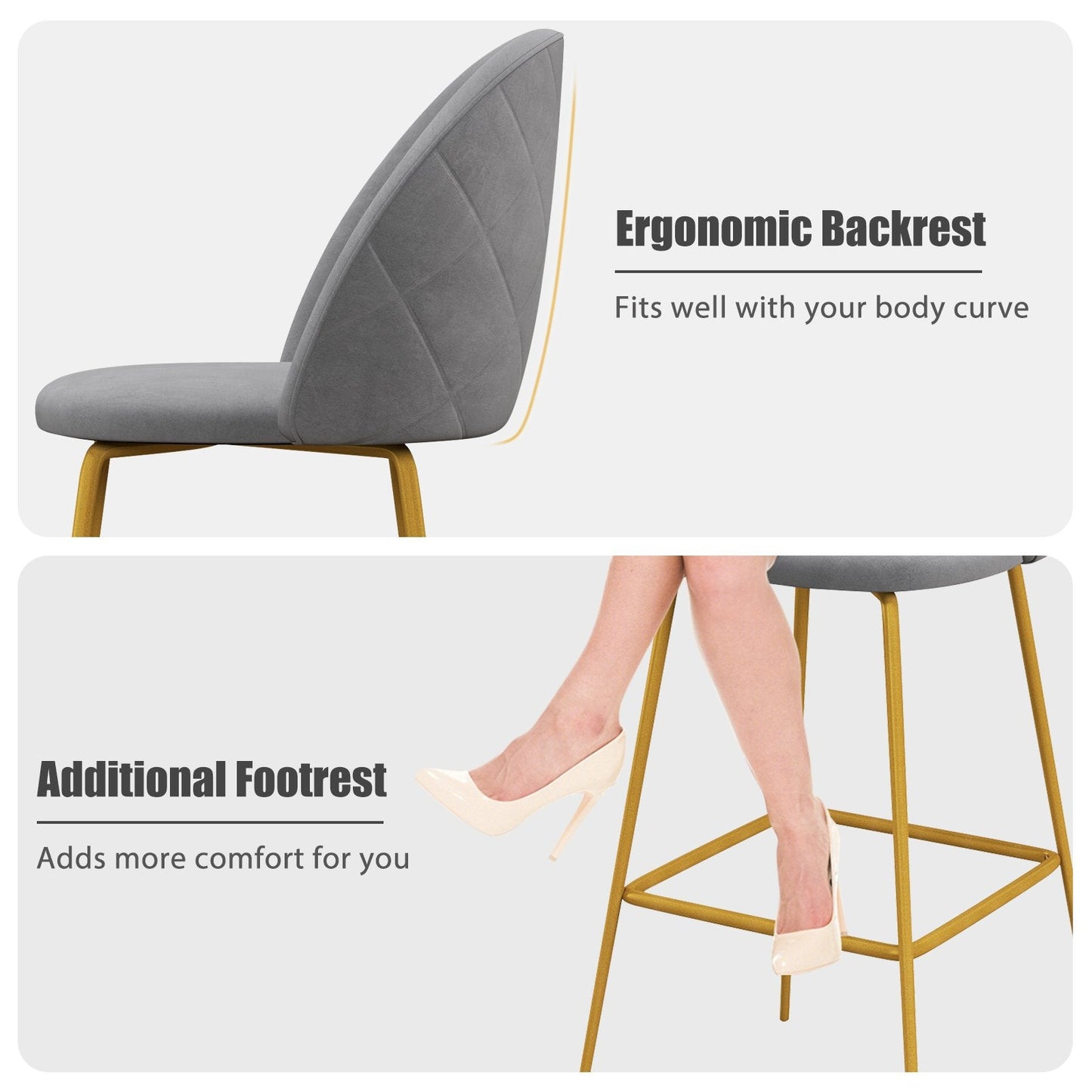 Bar Stools Set of 2 with Curved Backs and Padded Seats-Grey