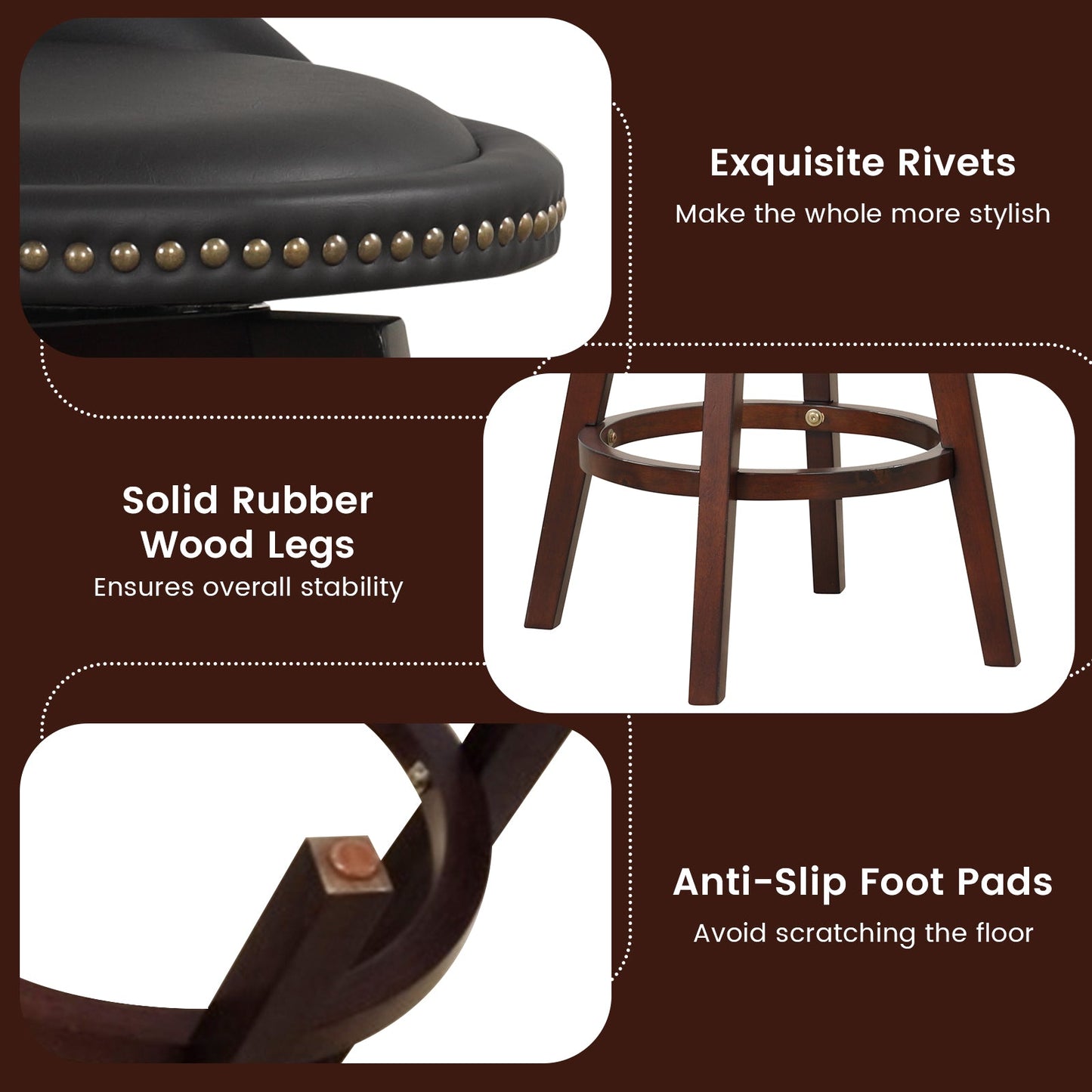 Swivel Bar Stool Set of 2 with Low Back and Rubber Wood Legs-Black