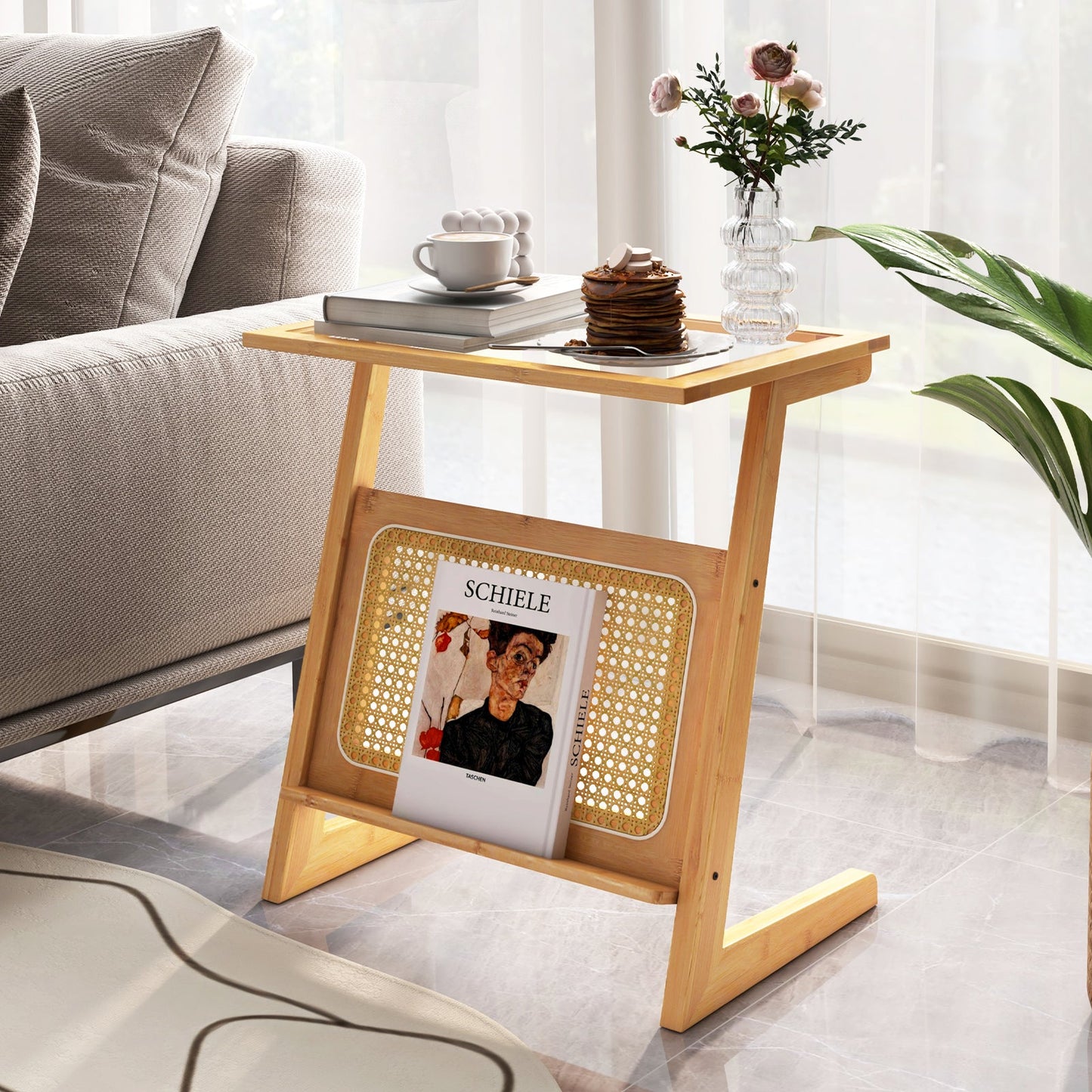 Bohemian Style Z-shaped Bamboo End Table with Rattan Shelf