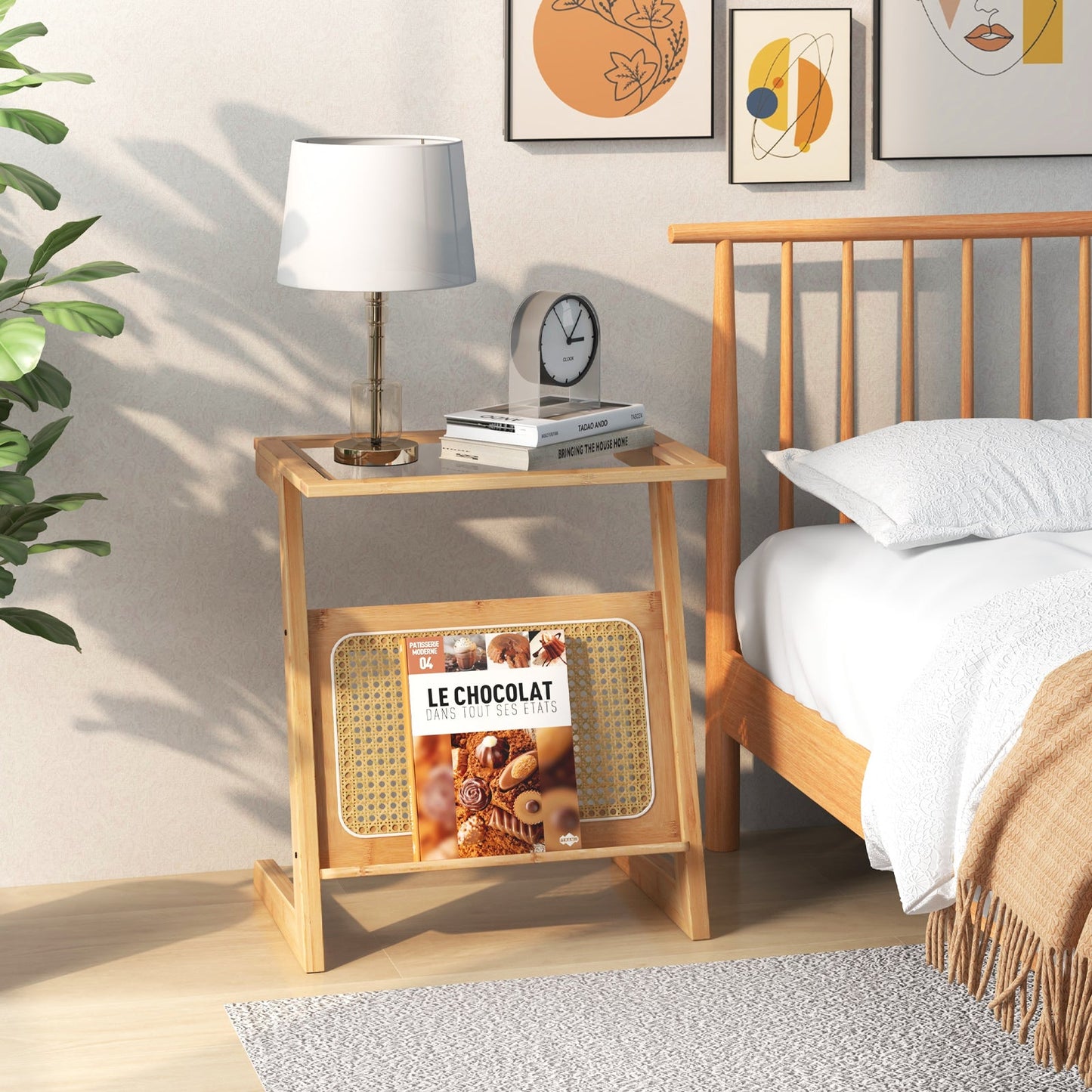 Bohemian Style Z-shaped Bamboo End Table with Rattan Shelf
