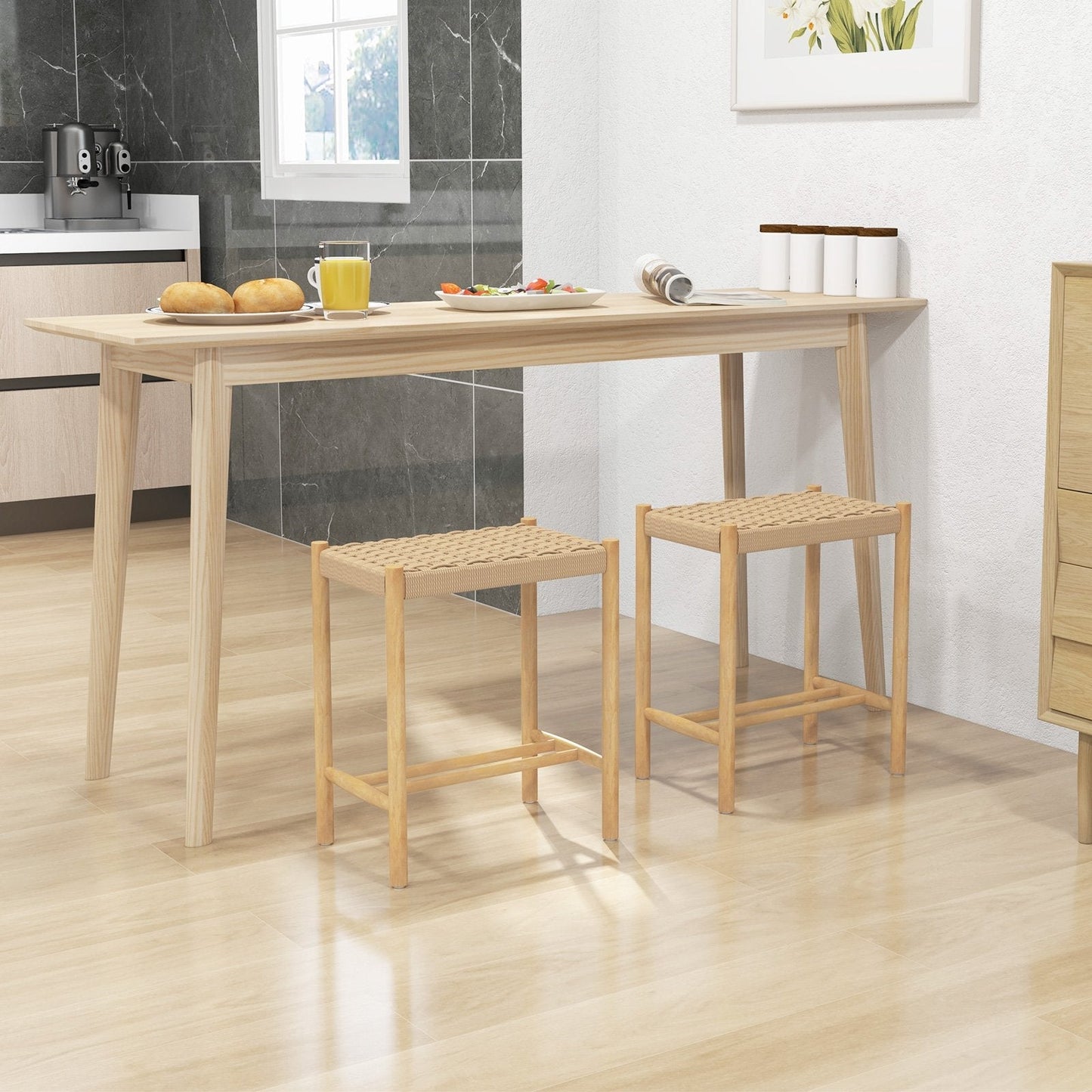 Dining Stool Set of 2 with Rubber Wood Frame and Woven Paper Seat-56 x 36 x 45cm