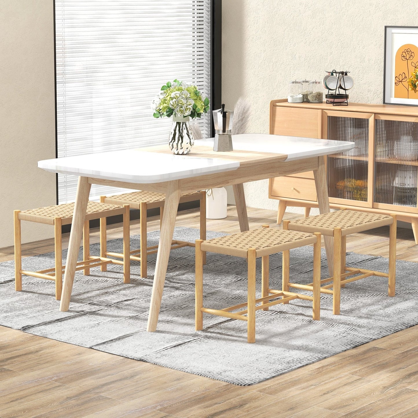 Dining Stool Set of 2 with Rubber Wood Frame and Woven Paper Seat-56 x 36 x 45cm
