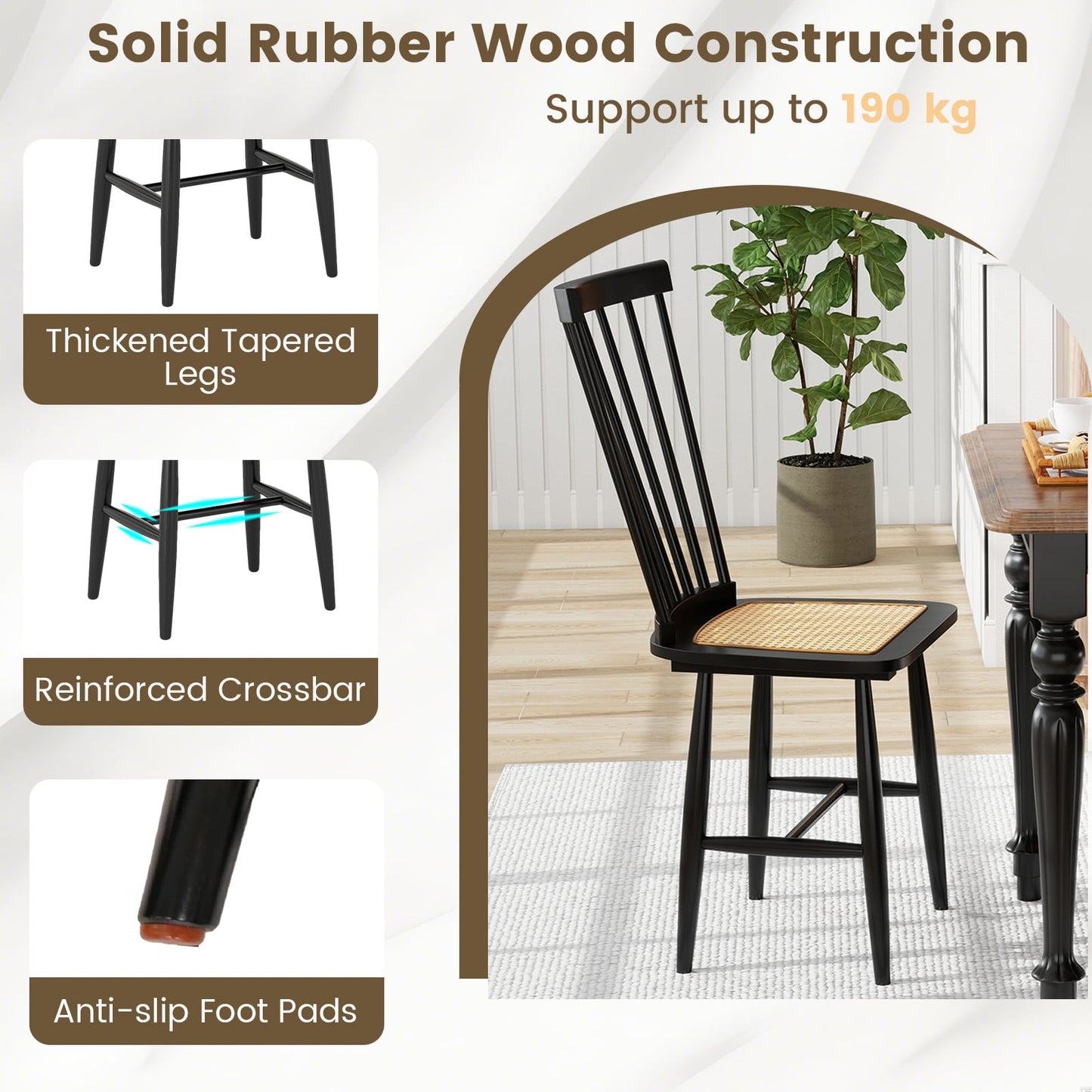 Windsor Dining Chair Set of 2 with Spindle Back and PE Rattan Seat for Kitchen-Black