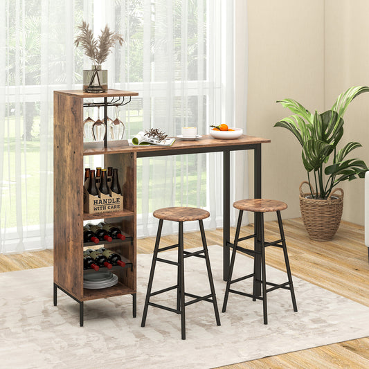 3-Piece Bar Table and Chair Set with Wine Glass Holders and 6-Bottle Wine Racks-Brown