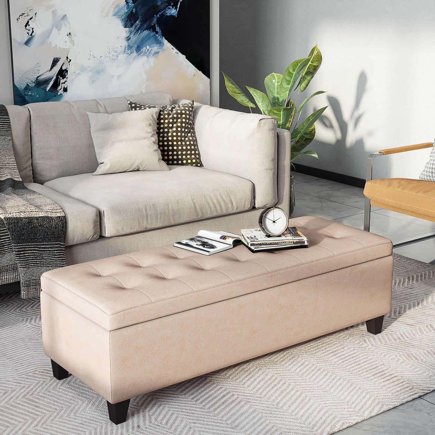 HOMCOM Pufa do przechowywania pościeli, ławka na końcu łóżka, wyściełane siedzisko z pikowanym wzorem, zawiasowa pokrywa i drewniana rama 125L x 49W x 41,5H cm beżowy