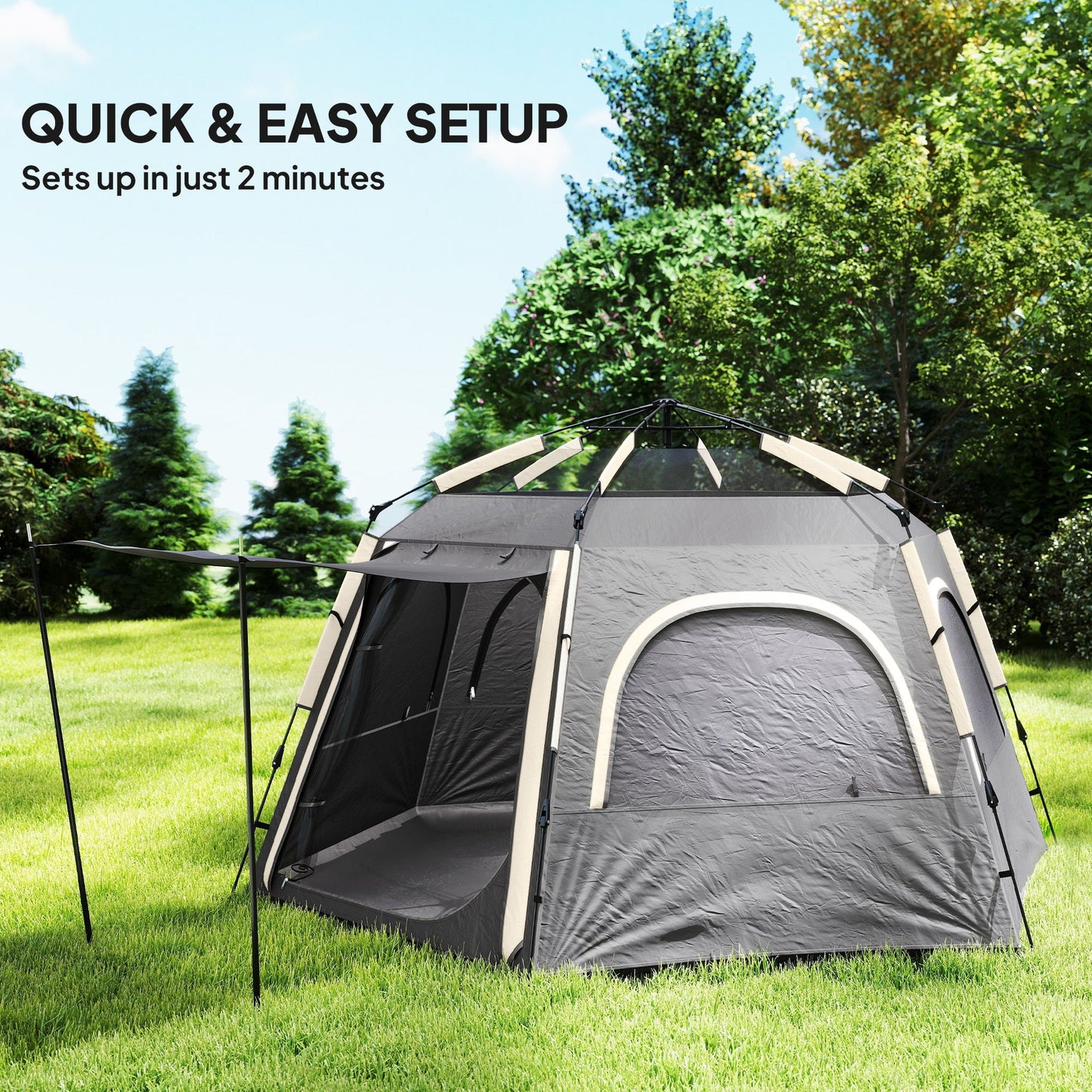Outsunny Instant Pop Up Camping Tent, 2/3/4 osobowy łatwy w rozkładaniu namiot rodzinny z przedsionkiem, tropikiem, 4 oknami z siatki i 2 drzwiami, sześciokątny design, wodoodporny i z ochroną UV, ciemnoszary