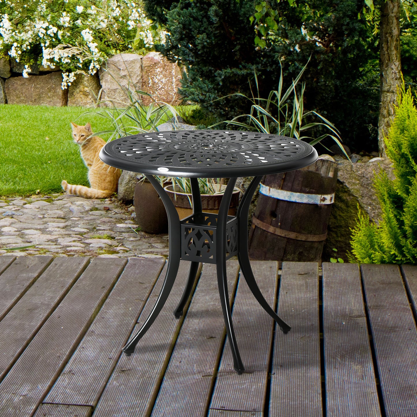 Outsunny 78 cm Okrągły Stół Ogrodowy Jadalny z Otworem na Parasol Antyczny Odlew Aluminiowy Tylko Stół Zewnętrzny, Czarny