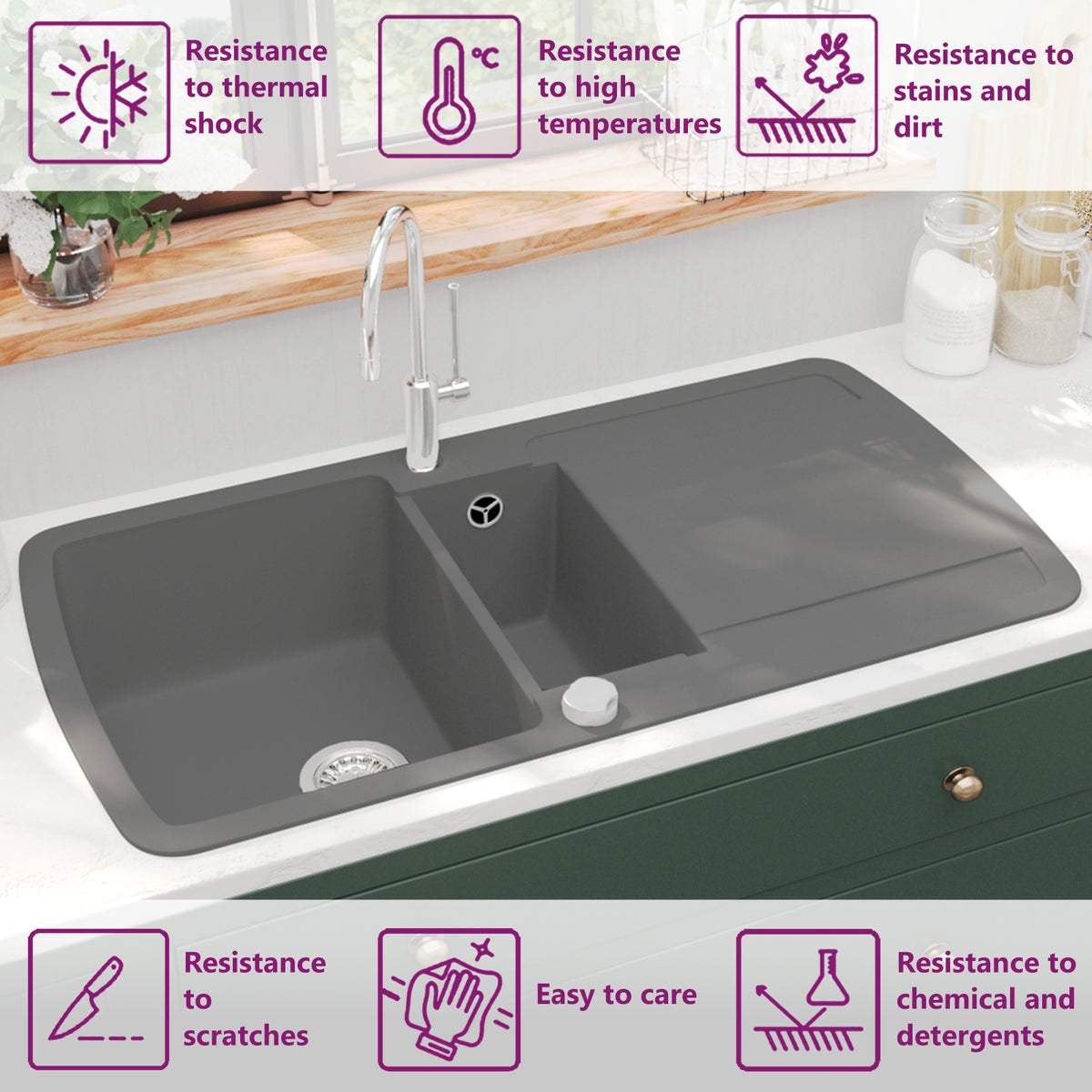 vidaXL Granite Kitchen Sink Double Basin Grey 3