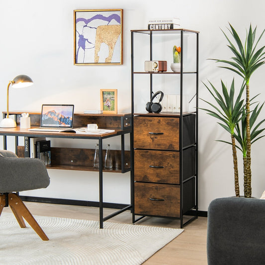 Storage Cabinet with 3 Drawers and 3-Tier Tall Shelf for Bedroom -Rustic Brown