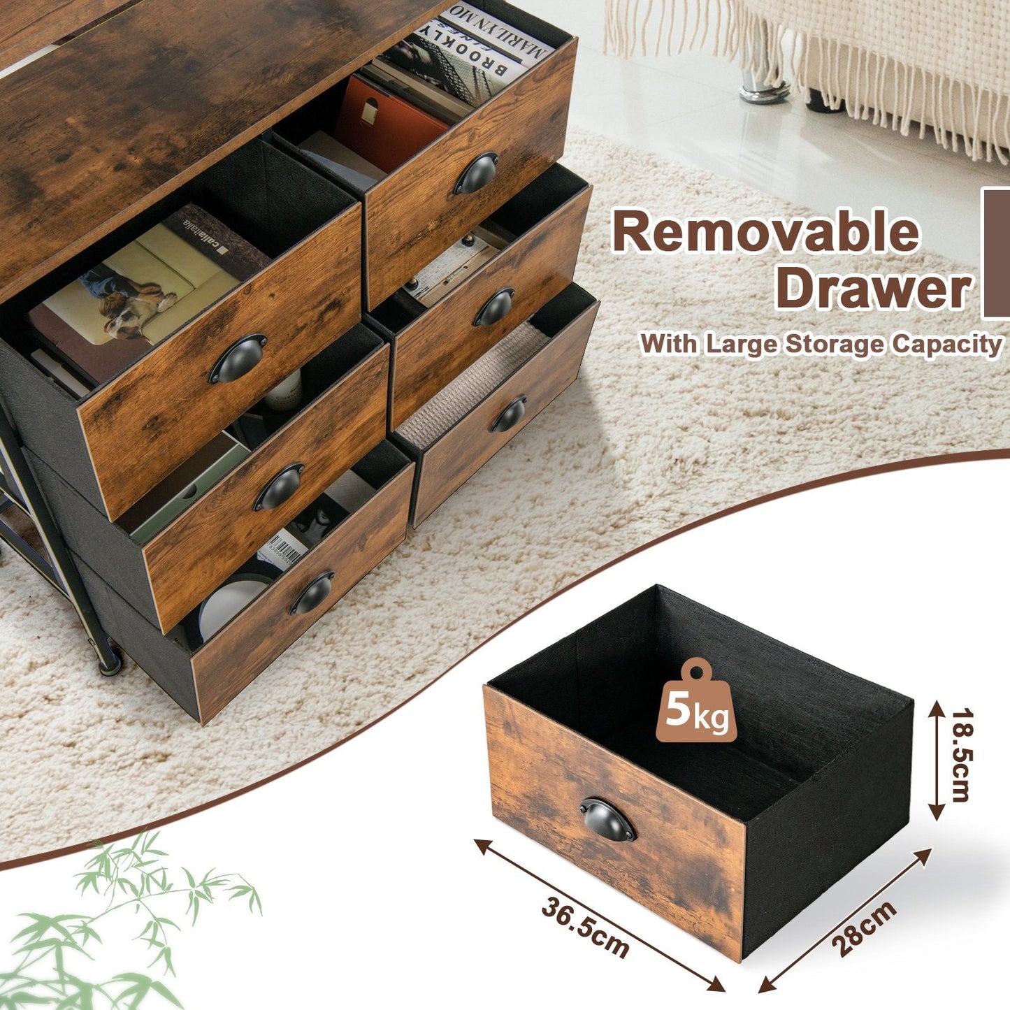 2-Tier Dresser with 6 Removable Fabric Drawers and Wooden Top-Rustic Brown