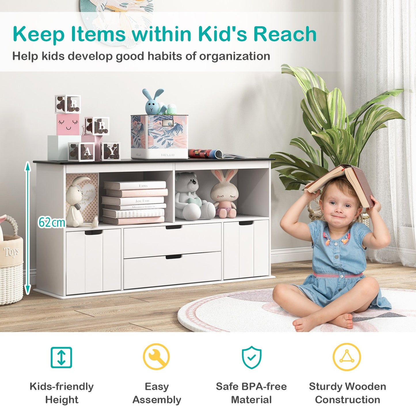 Kids Toy Storage Organizer with 3 Bins and Blackboard Top-121 x 33 x 62cm