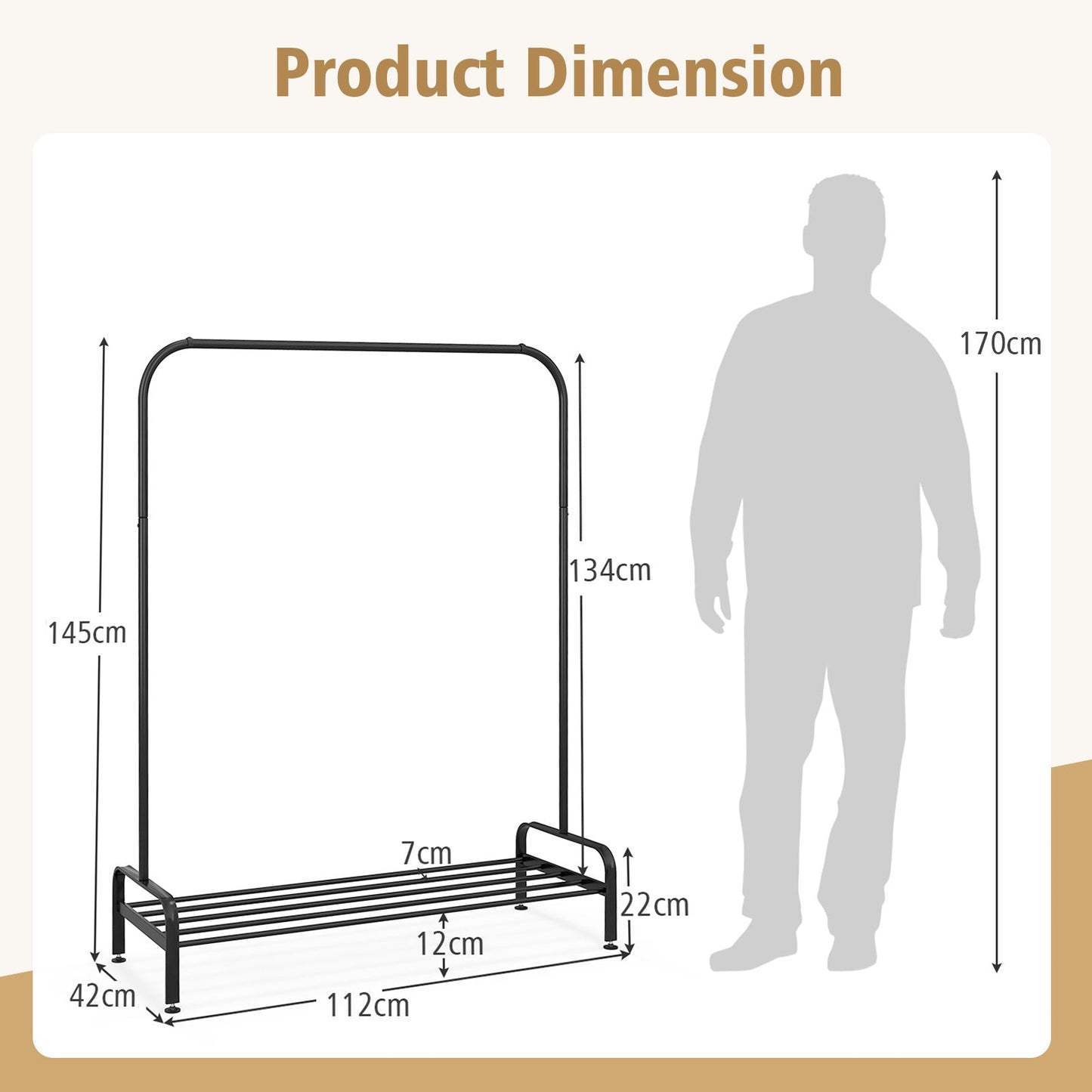 Metal Clothes Stand Rack with Top Rod and Lower Storage Shelf-Black