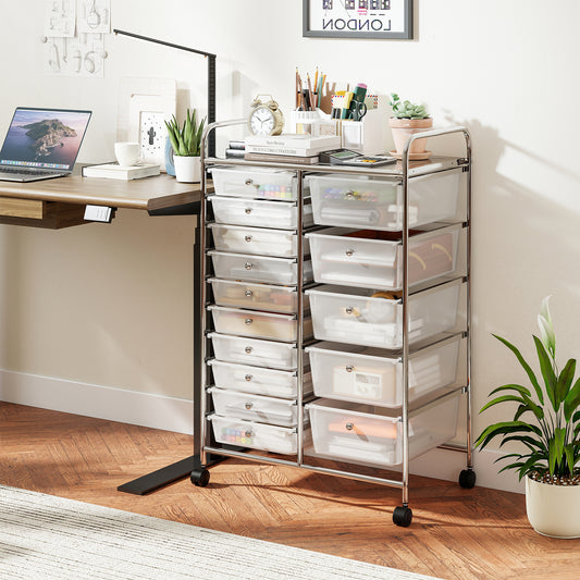 15-Drawer Rolling Storage Cart with Lockable Wheels and Removable Drawers-White