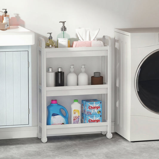 Slim Rolling Storage Cart 3-Tier Bathroom Organizer with Handles and Wheels-White
