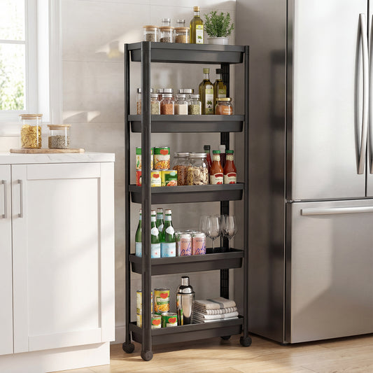 5-Tier Slim Rolling Storage Cart with Smooth Wheels for Kitchen-Black