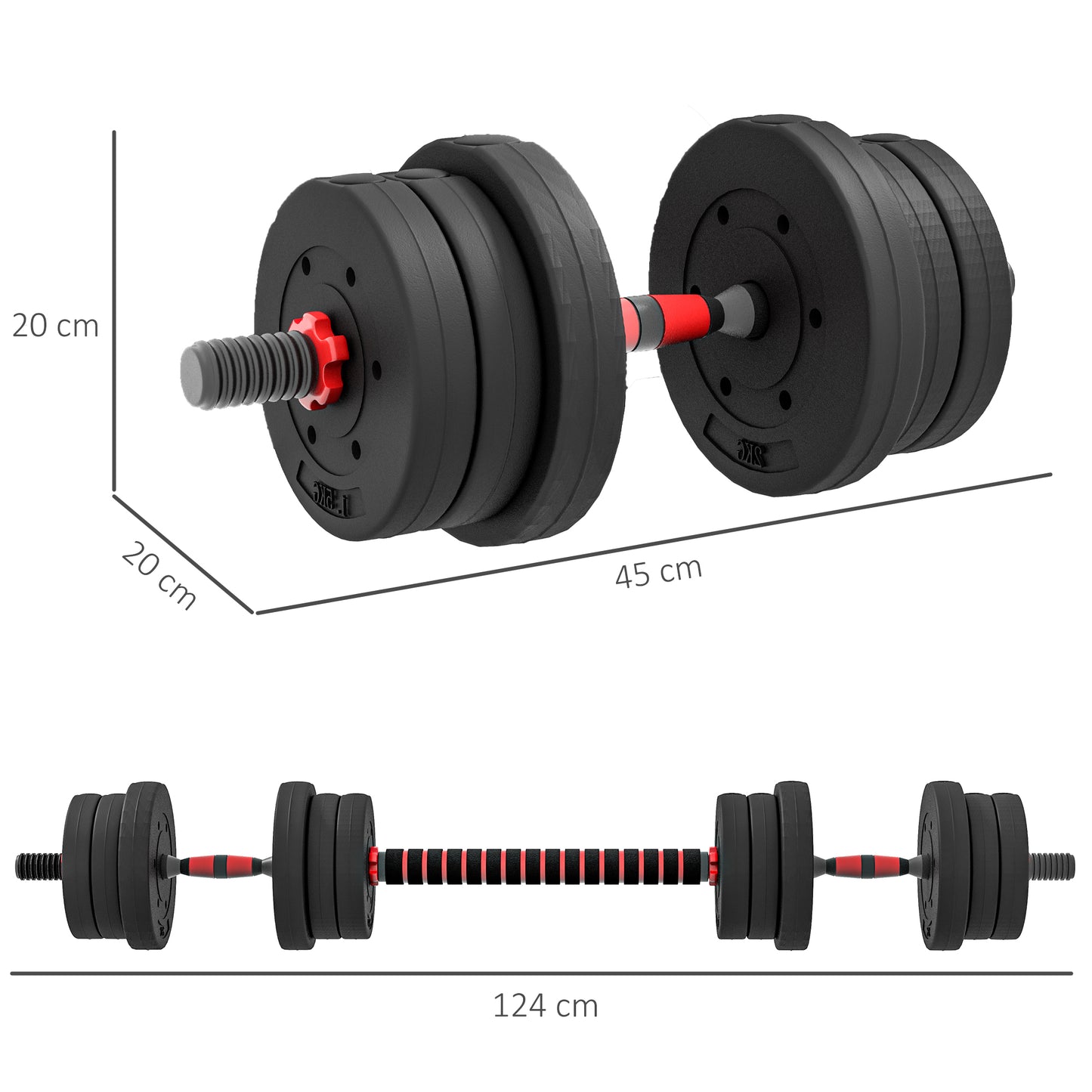 HOMCOM 20 kg 2 W 1 Regulowany Zestaw Hantel, Hantle Ręczne Sztanga do Fitnessu Ciała, Trening Podnoszenia dla Domu, Biura, Siłowni, Czarny