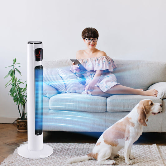 مروحة برجية مستقلة من هومكوم مقاس 38 بوصة، 3 سرعات و3 أوضاع، مؤقت 12 ساعة، تذبذب 70 درجة، لوحة LED، جهاز تحكم عن بعد 5 أمتار، أبيض