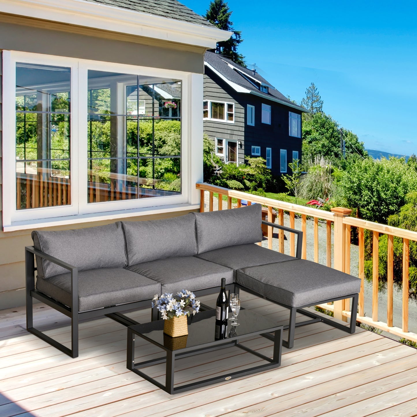 Outsunny 5-częściowy zestaw mebli ogrodowych, sofa z sofą i szklanym stolikiem kawowym, krzesła z poduszkami i aluminiowa rura, na balkon, ogród, podwórko, szary