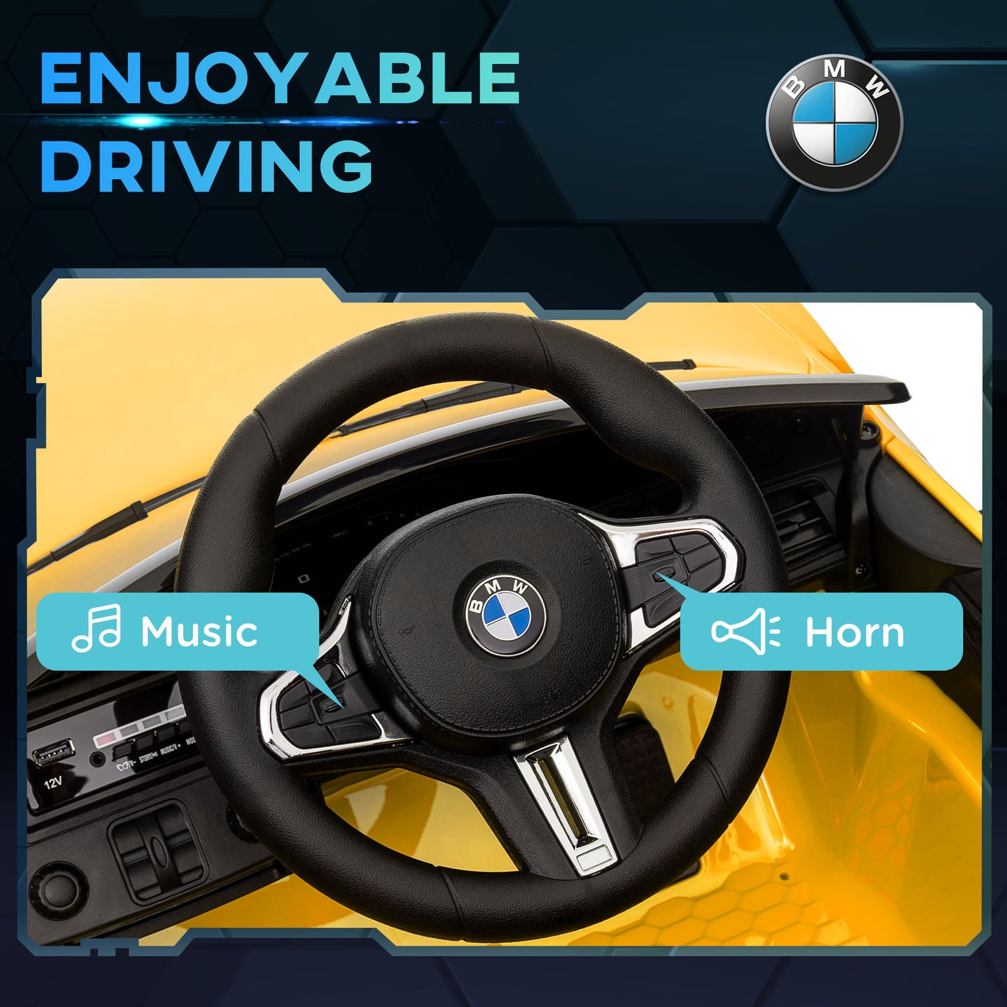 AIYAPLAY 12V BMW M4 Licencjonowany samochód dla dzieci z łatwym transportem, pilotem, zawieszeniem, muzyką, klaksonem, światłami LED, żółty