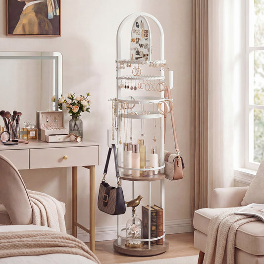 Jewelry Organizer Stand 360° Rotating Floor Jewelry Storage Rack with Earring Necklace Holders-Gray