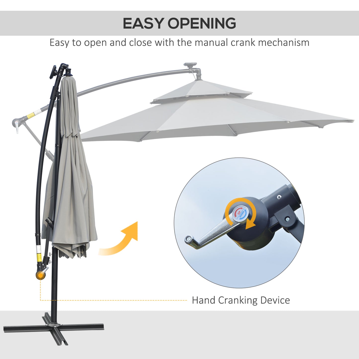 Outsunny 3(m) Cantilever Banana Parasol wiszący z podwójnym dachem, światłami LED Solar, korbą, 8 wytrzymałymi żebrami i podstawą krzyżową do użytku na zewnątrz, w ogrodzie, na patio, jasnoszary