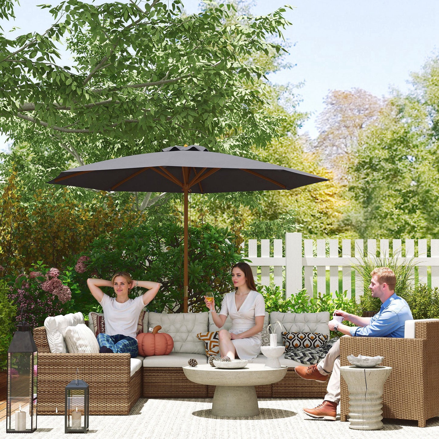 Outsunny 3m Parasol na słupku drewnianym - szary