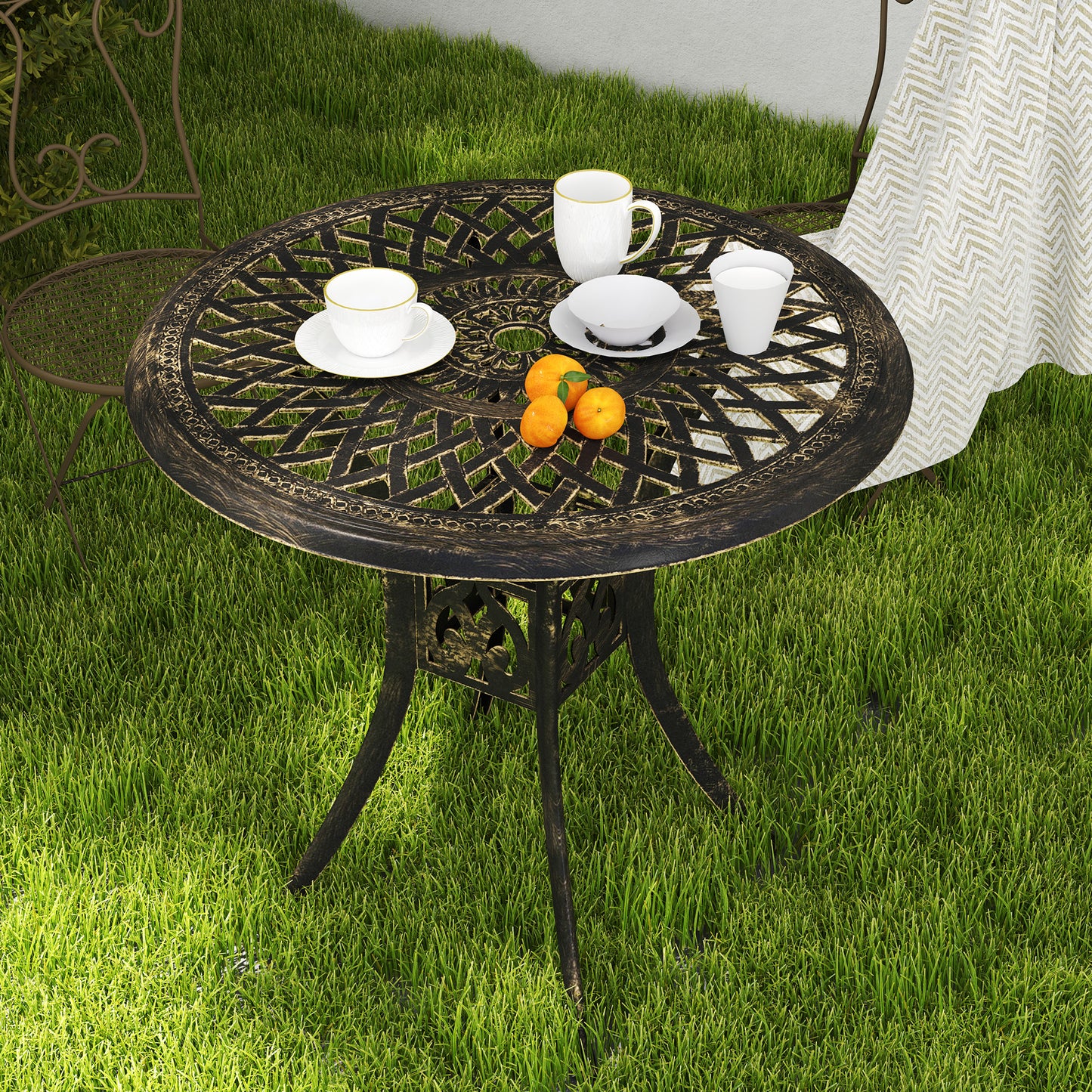 Outsunny 78 cm Okrągły Stół Ogrodowy Jadalny z Otworem na Parasol Antyczny Odlew Aluminiowy Tylko Stół Zewnętrzny, Odcień Brązu
