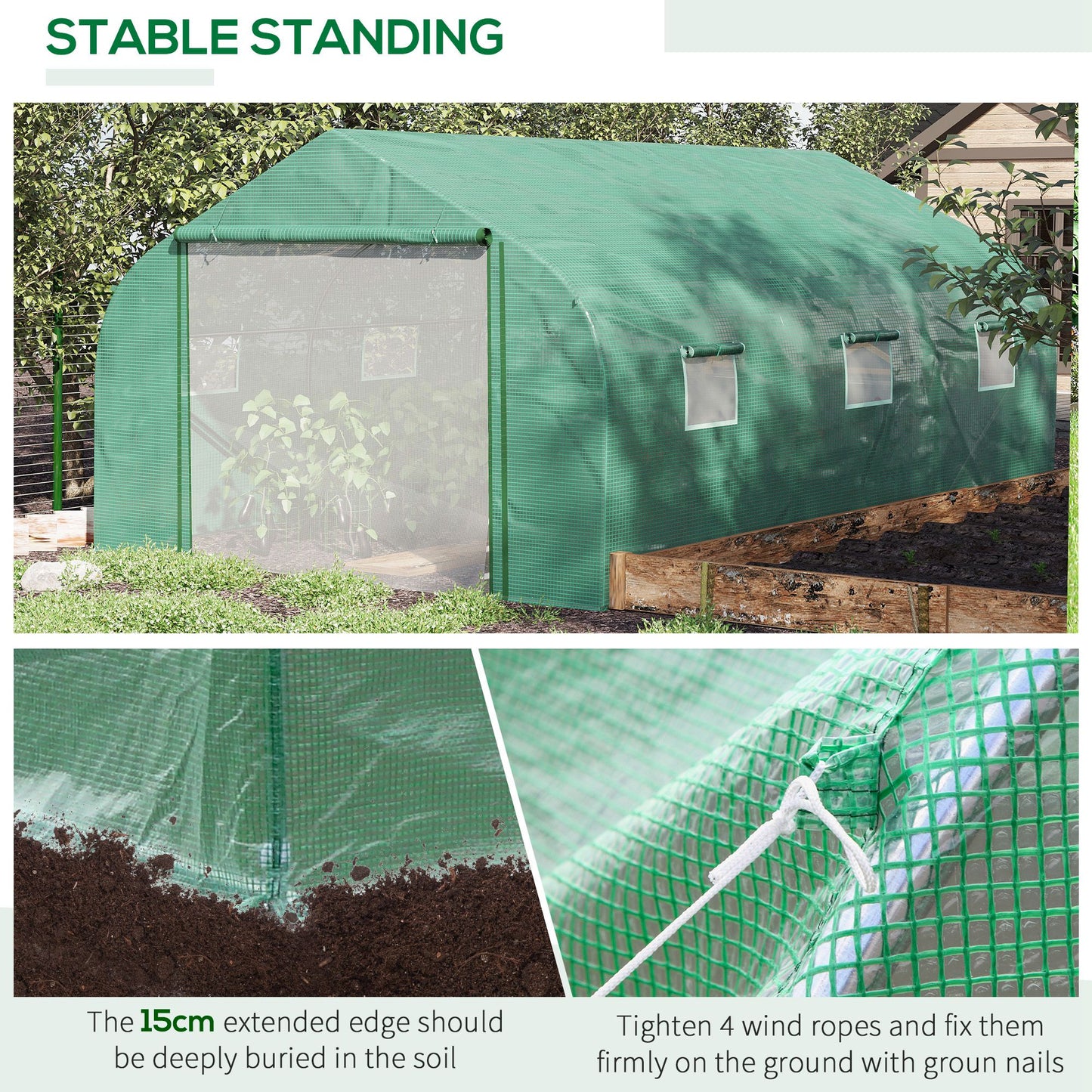 Tunel foliowy Outsunny Walk-in Garden Greenhouse, zewnętrzna szklarnia z drzwiami z siatki, osłoną z PE i 6 oknami, 4,5 x 3 x 2 m, zielony