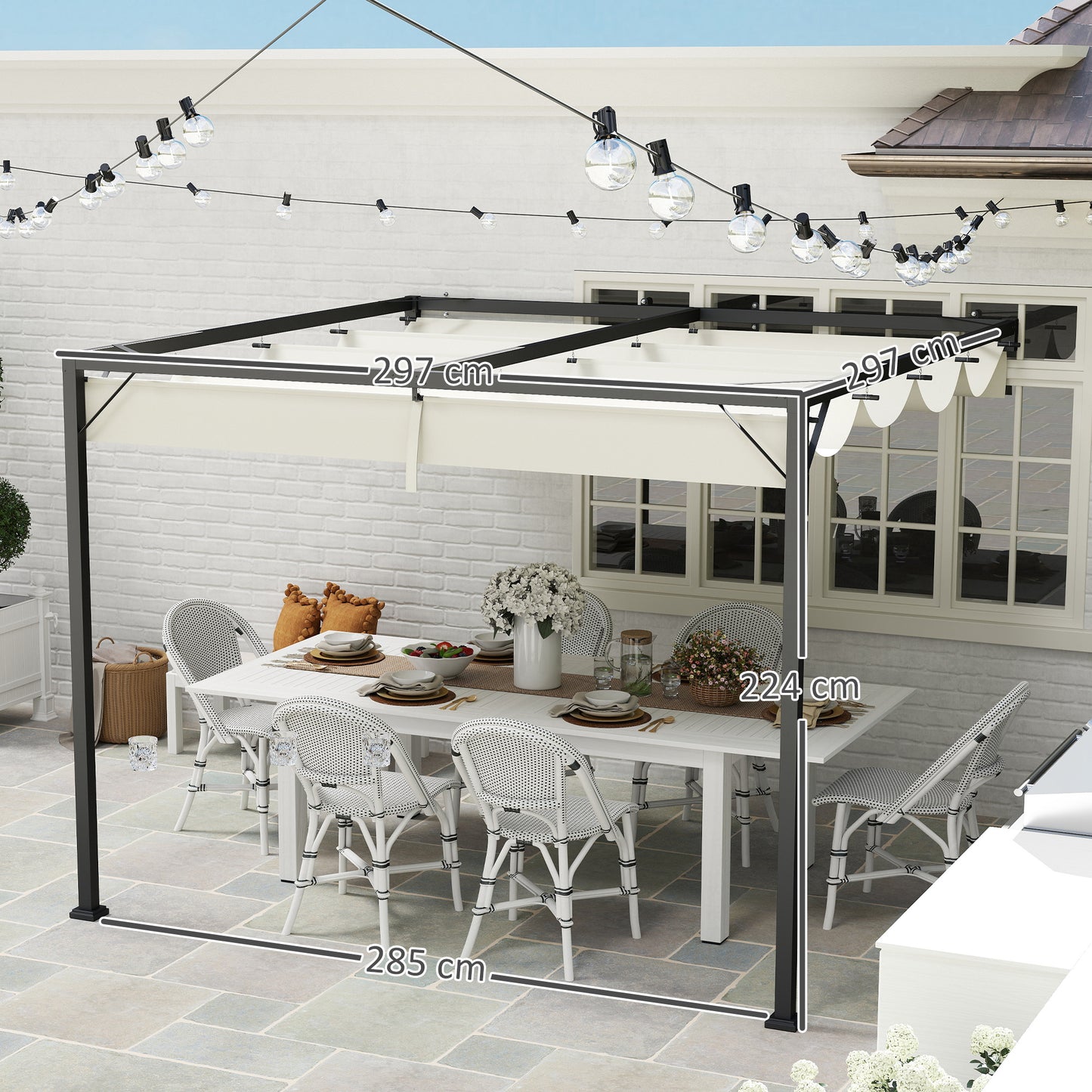 Outsunny 3 x 3(m) Pergola zewnętrzna z chowanym daszkiem - kremowo-biała