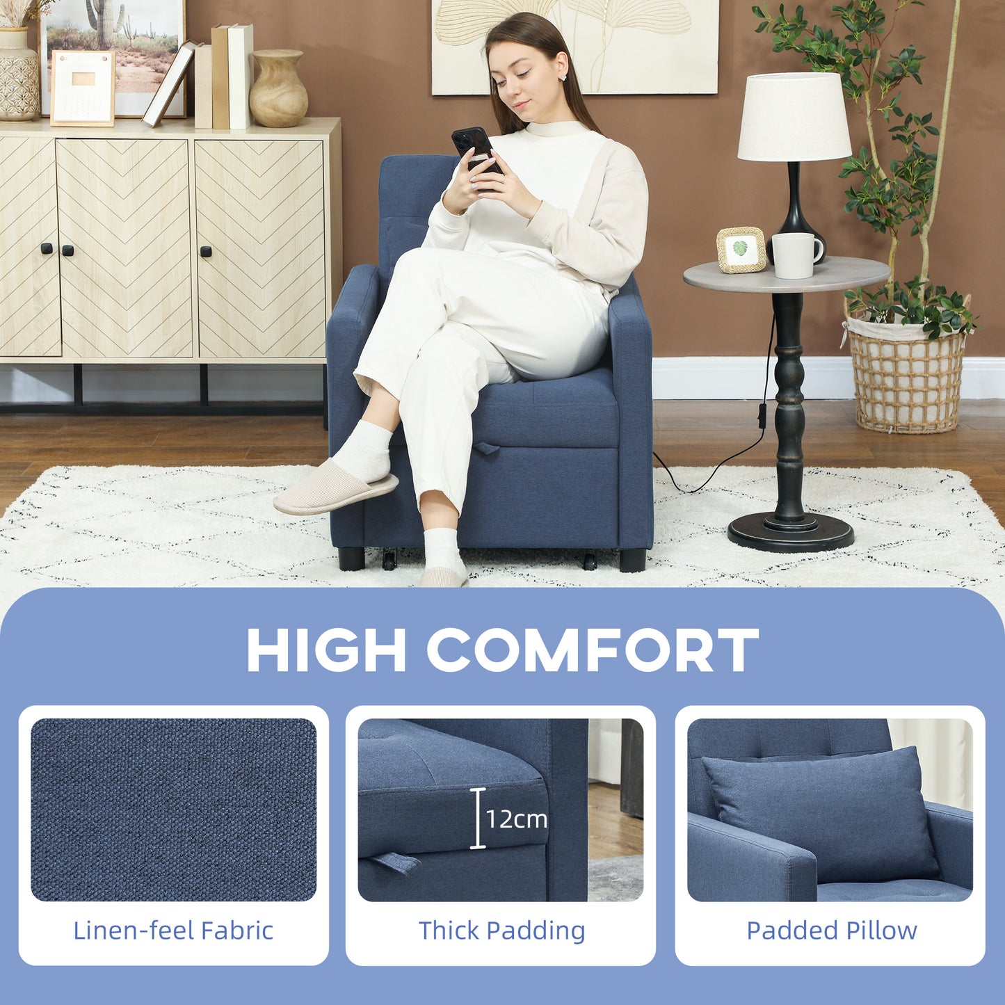 HOMCOM 3-In-1 Chair Bed, Convertible Sleeper Chair with Adjustable Backrest, Pillow and Footrest for Living Room, Blue