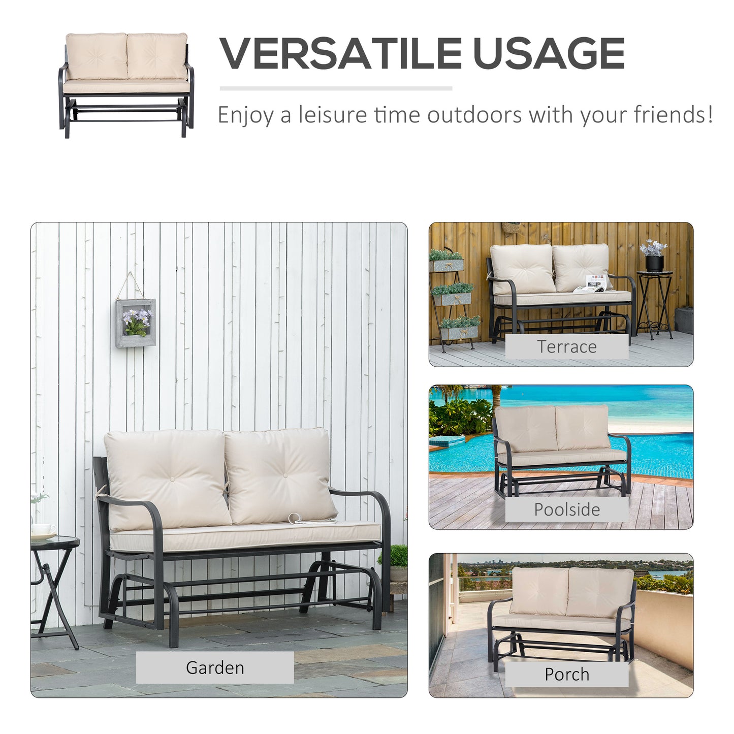 Outsunny 2-Person Outdoor Loveseat Glider Bench Rocking Chair for Patio, Garden, Yard, Porch with Armrest and Cushions, Khaki