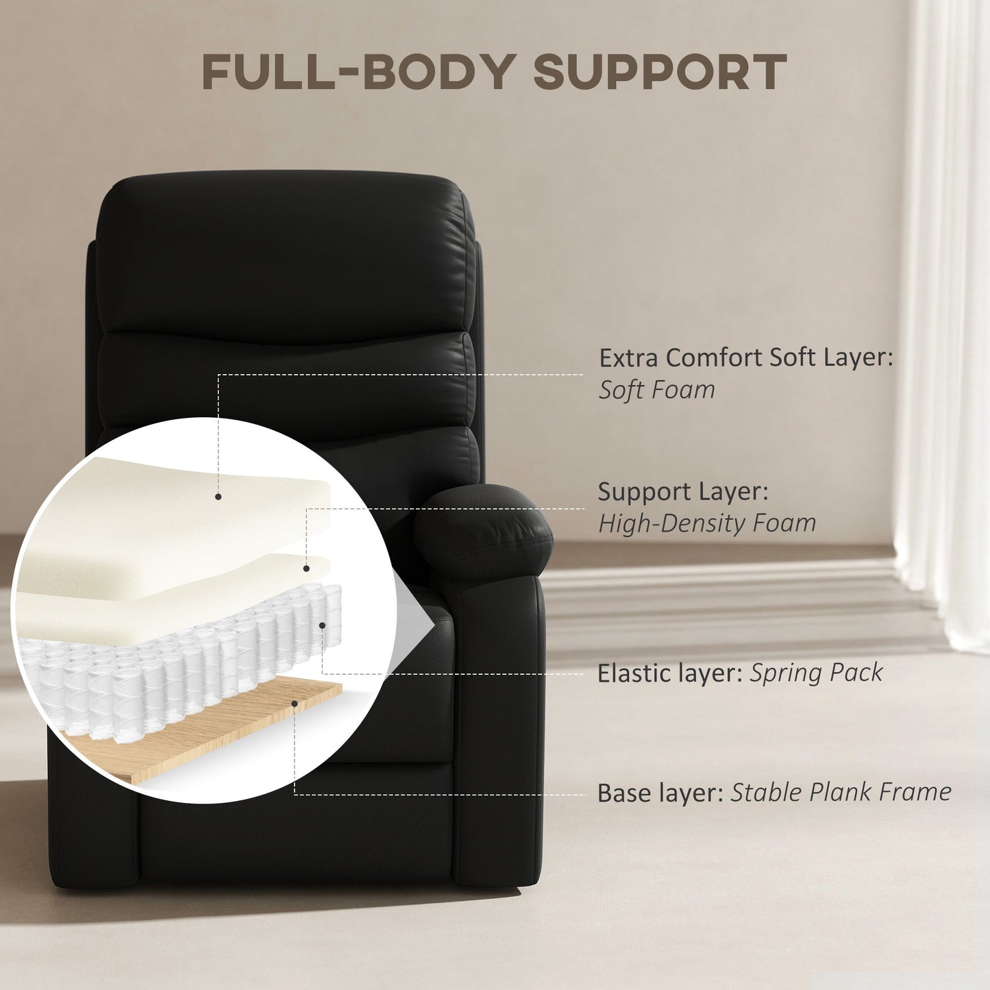 Fotel rozkładany HOMCOM PU Leather, fotel rozkładany manualnie z podłokietnikami, chowanym podnóżkiem i drewnianą ramą, czarny