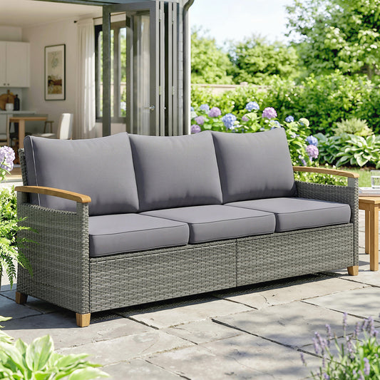 Outsunny 3 Seater Rattan Garden Sofa, PE Wicker Outdoor Sofa Wide Deep Seat, 4" Cushions, Wood-Effect Armrests Legs, Dark Grey