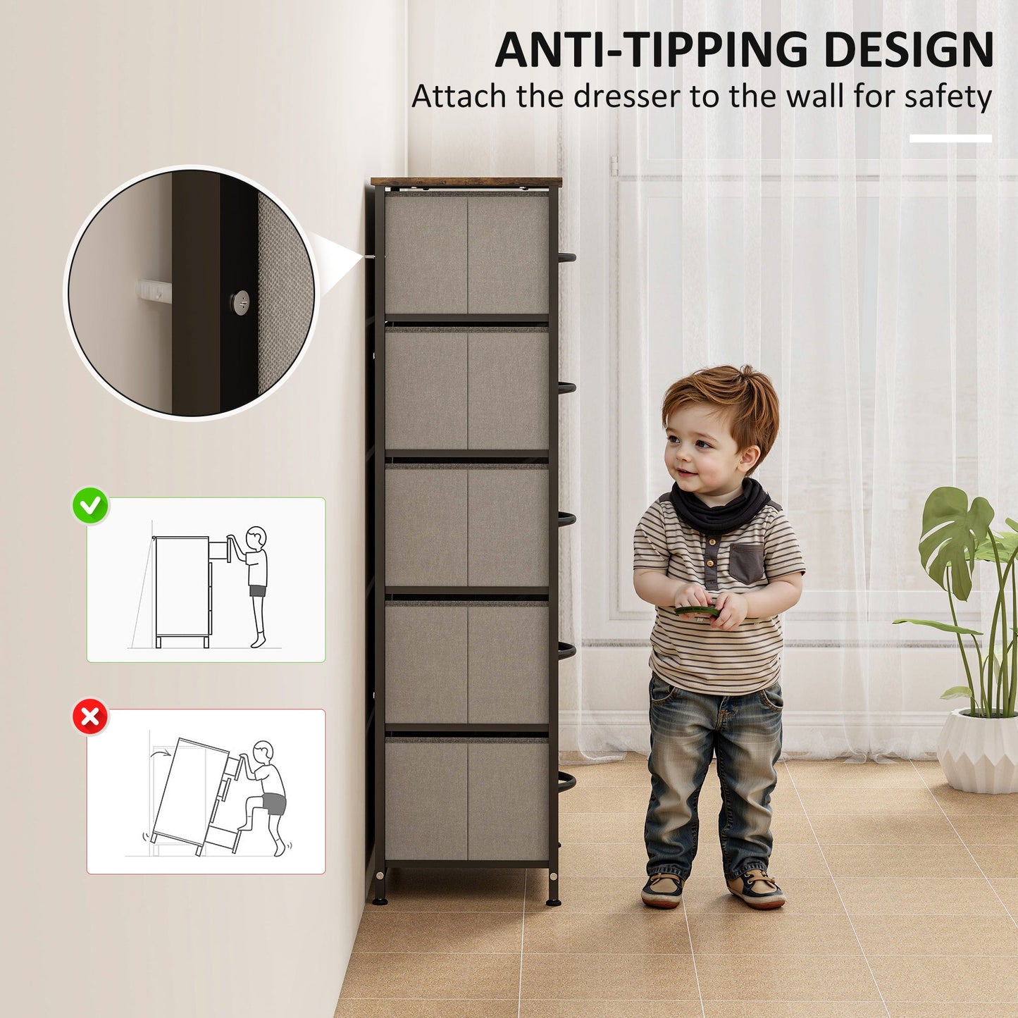 HOMCOM Fabric Chest of Drawers, Industrial Bedroom Dresser with 5 Fabric Drawers, Steel Frame and Wooden Top for Nursery, Living Room, Hallway, Rustic Brown and Grey