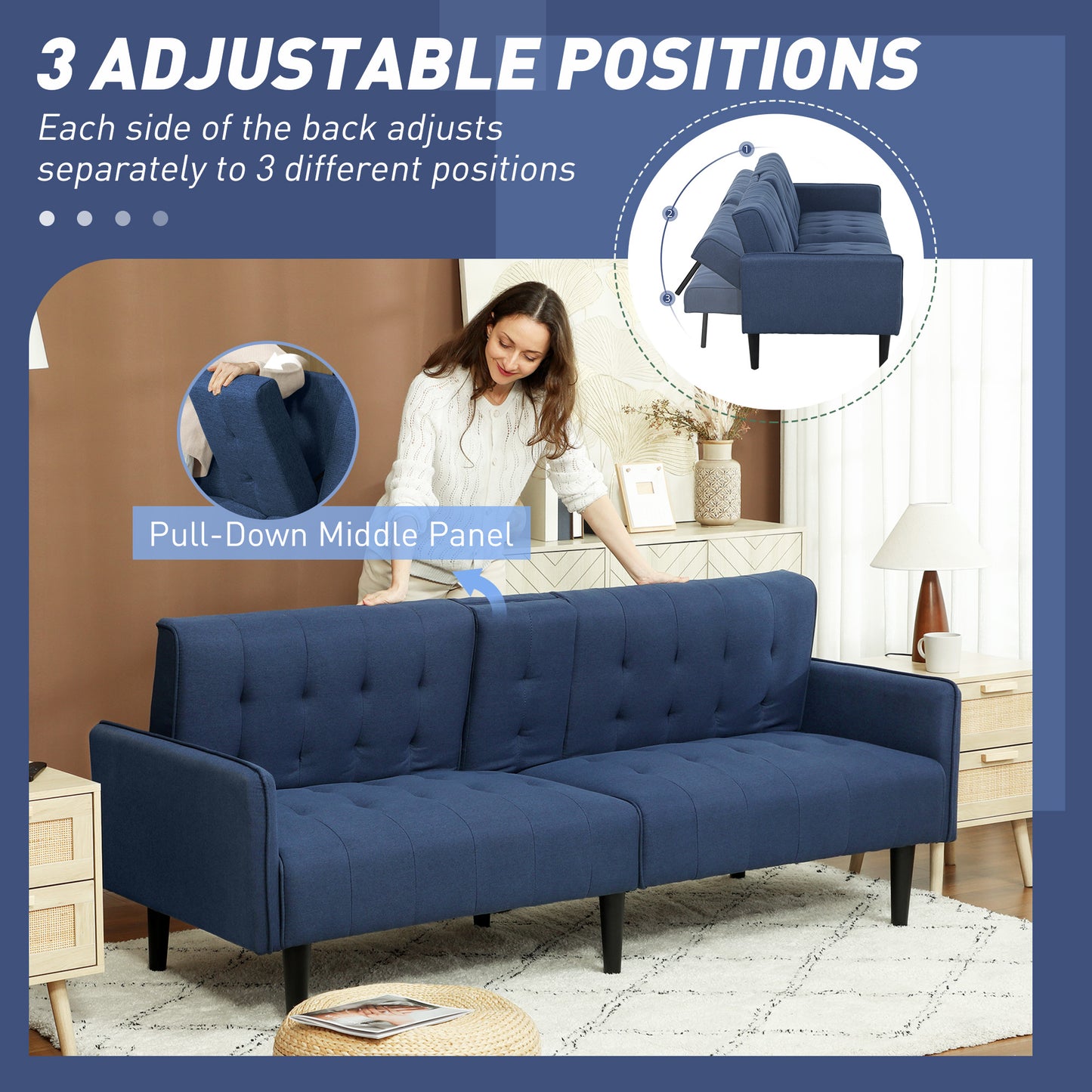HOMCOM Upholstered Click Clack Sofa Bed, Linen-Feel 3 Seater Sofa Bed with Storage and Cupholders, Dark Blue