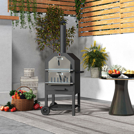 شواية شواء بالفحم لفرن البيتزا في الهواء الطلق بثلاث طبقات من Outsunny Steel، أسود