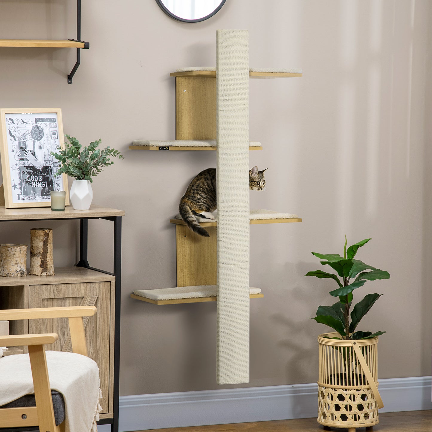 PawHut Four-Layer Wall-Mounted Shelf, with Cushions, Scratching Board - Oak Tone