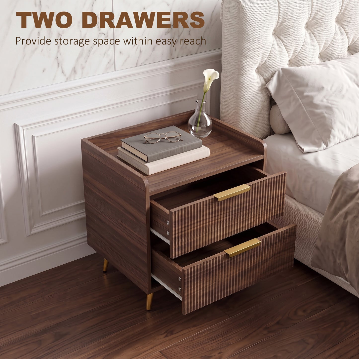 HOMCOM Elegant Two-Drawer Bedside Table - Walnut Brown