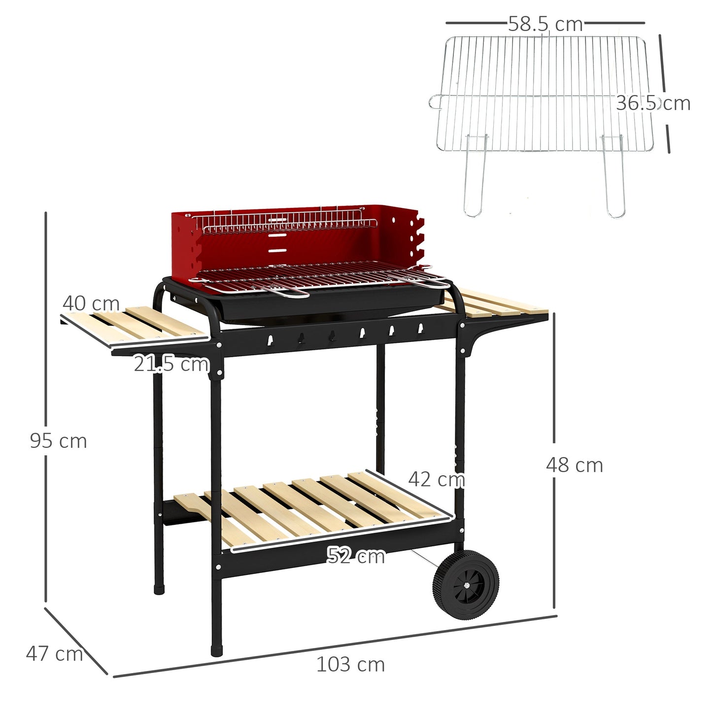 Grill węglowy Outsunny z rusztem grillowym na pięć pozycji - czerwony