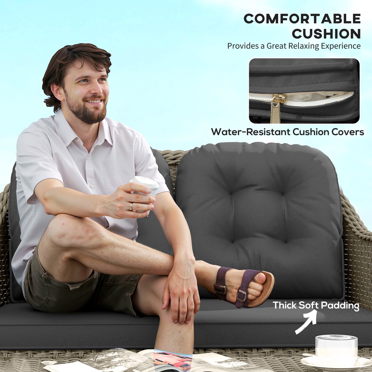 طقم أريكة من الروطان مكون من أربع قطع من Outsunny، مع طاولة ذات سطح زجاجي - رمادي فاتح