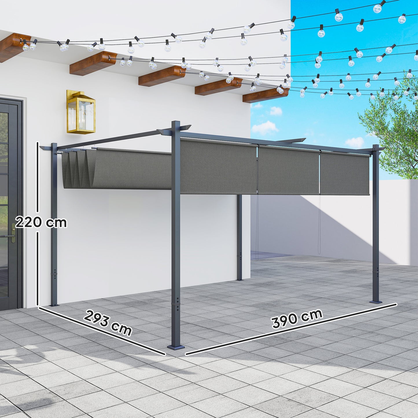 Outsunny 3 x 4m Metalowa pergola z chowanym dachem i roletą, montowana na ścianie lub wolnostojąca ogrodowa altana z baldachimem, UPF30+ zewnętrzna osłona przeciwsłoneczna, szara