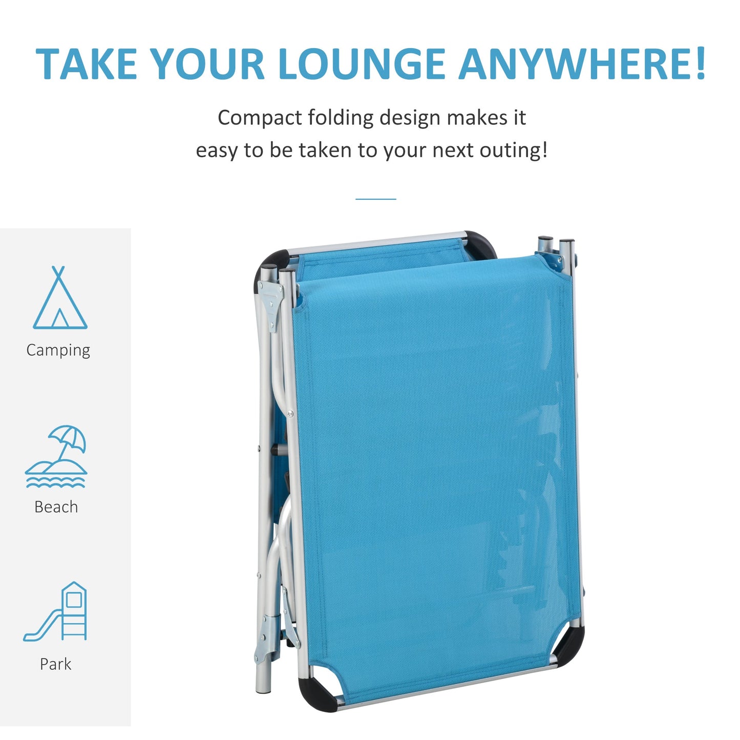 Outsunny Foldable Outdoor Sun Loungers Set of 2, Reclining Lounge Chair Camping Bed Cot with Pillow 4-Level Adjustable Back Aluminium Frame, Blue