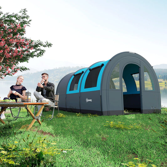 خيمة Outsunny Six Man Duo Room Tunnel مع ملحقات - رمادي/أزرق