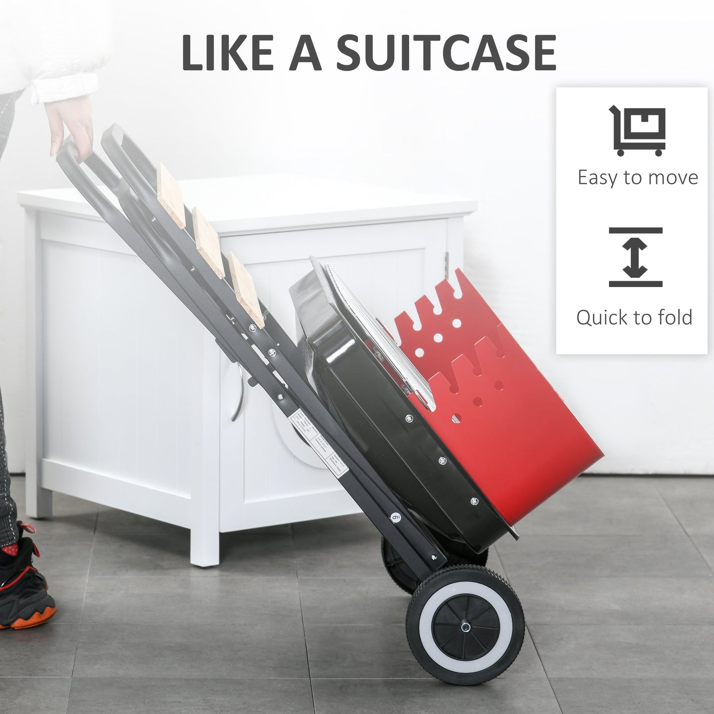 Outsunny Charcoal Trolley BBQ Barbecue Grill Patio Camping Picnic Garden Party Outdoor Cooking with Windshield and Wheels Side Trays, Black/Red