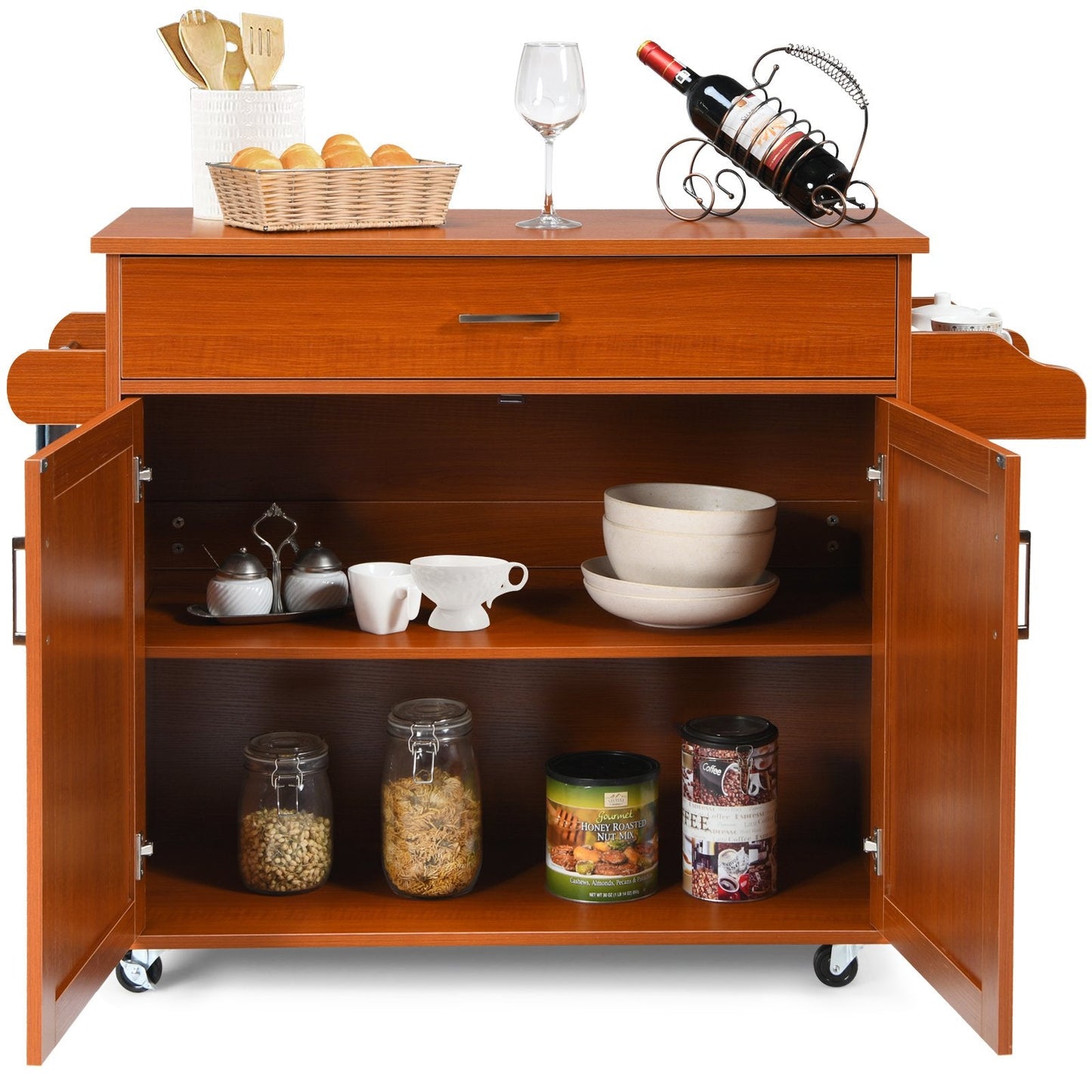 Rolling Kitchen Storage Trolley with Adjustable Shelf and Drawer-Brown