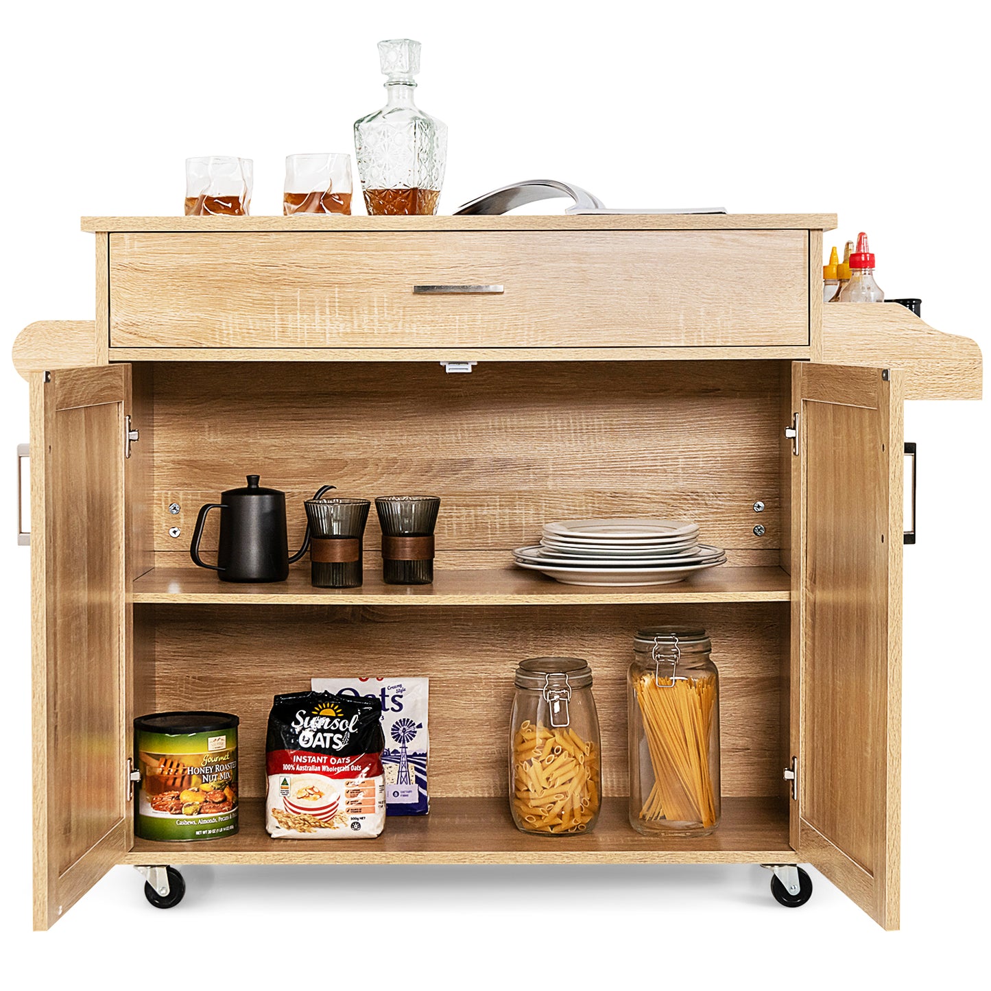 Rolling Kitchen Storage Trolley with Adjustable Shelf and Drawer-Natural