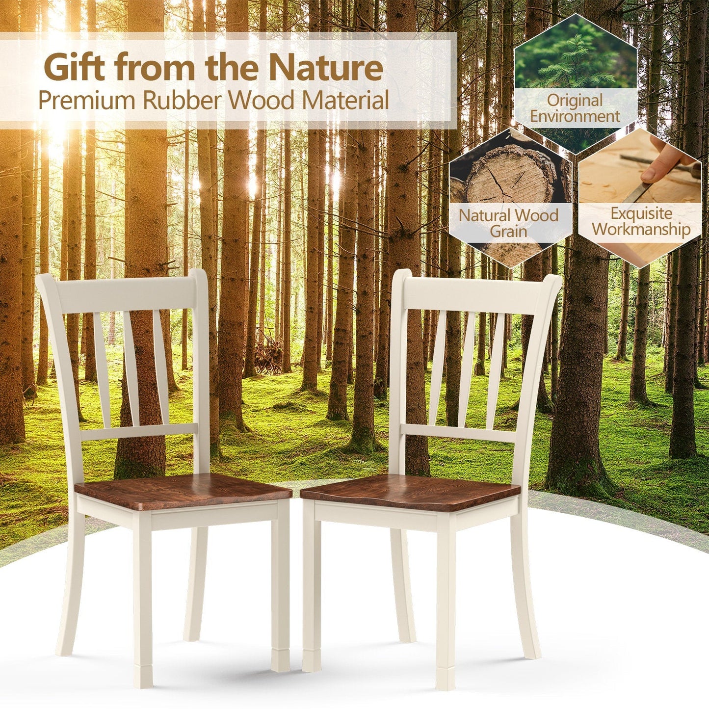 Set of 2 Slatted High Backrest Dining Chairs with Shaped Seat-White