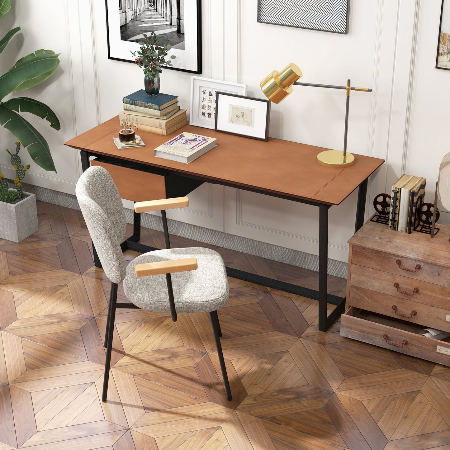 Set of 2 Linen Fabric Upholstered Dining Chairs with Curved Backrest-Grey