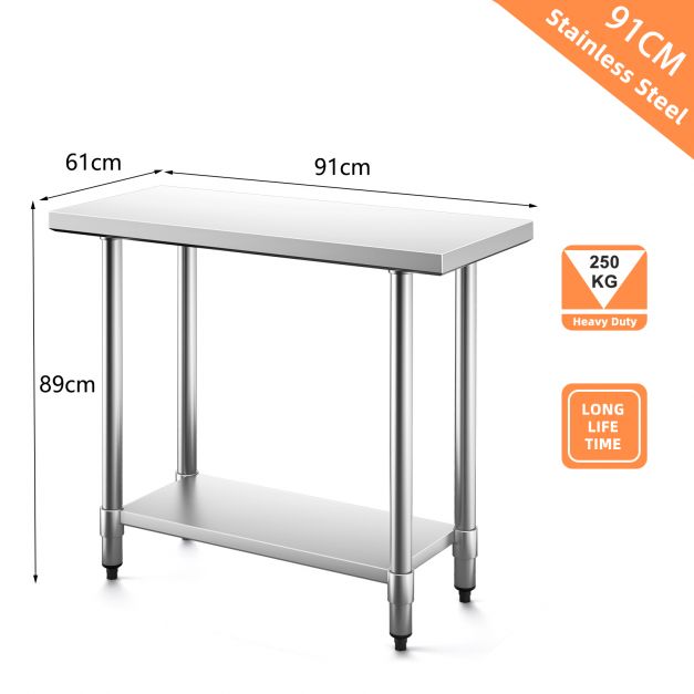 Stainless steel kitchen table work table gastro table with intermediate shelf 92x61x90cm